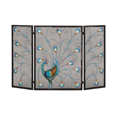 Metal Peacock Rainbow 3 Panel Fireplace Screen with Crystal Accents and Black Frame - Blue - Roche River Decor - 1"Wx48"Lx32"H