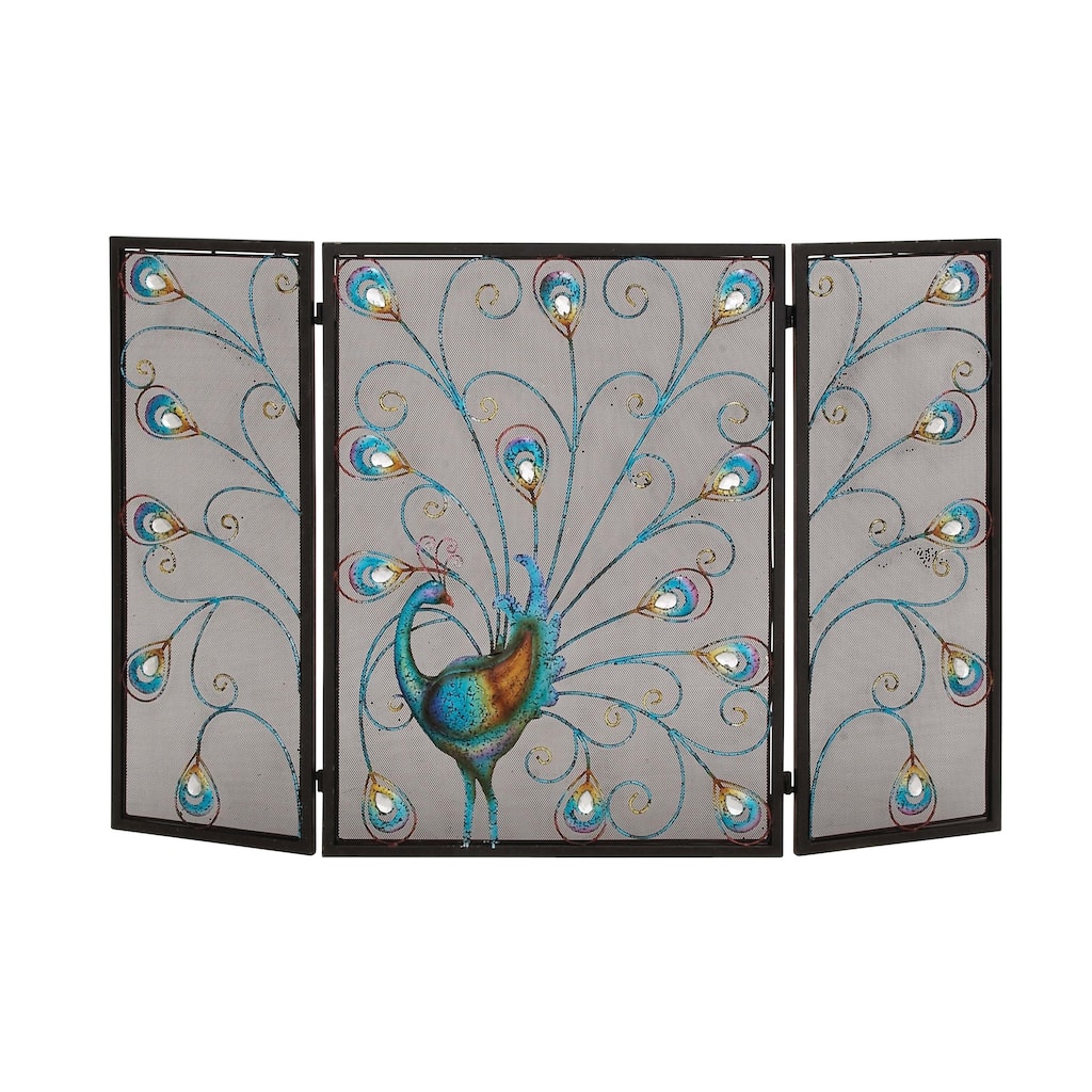 Metal Peacock Rainbow 3 Panel Fireplace Screen with Crystal Accents and Black Frame - Blue - Roche River Decor - 1"Wx48"Lx32"H