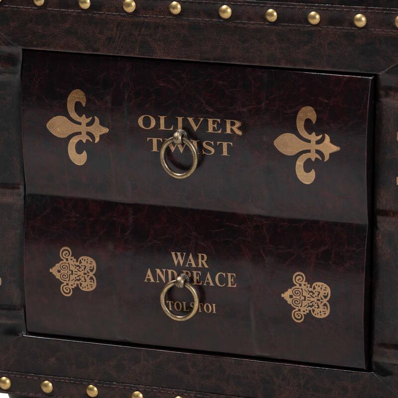 Rustic Dark Brown Faux Leather Storage Ottoman with Book Spine Drawer