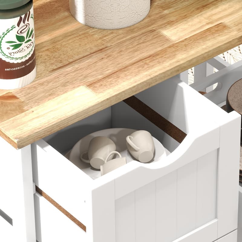 Rolling Kitchen Island Cart, Bar Serving Cart with Wood Top, Shelves & Drawers for Home Dining Area