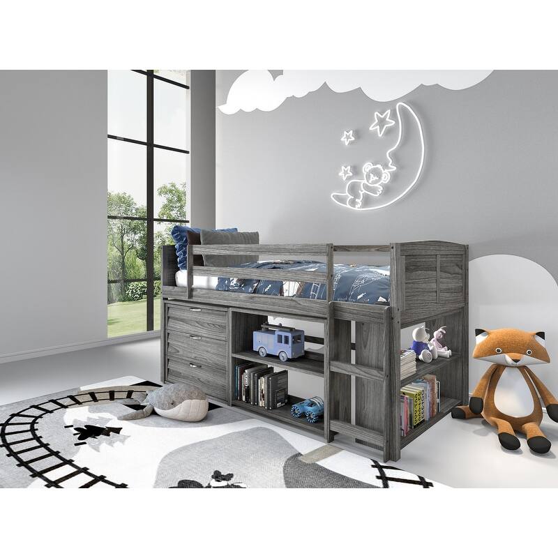 Taylor & Olive Dardanelle Grey Wood Twin Low Loft Bed - Twin Loft - 3 Drawer Chest Bookcase and Small Bookcase