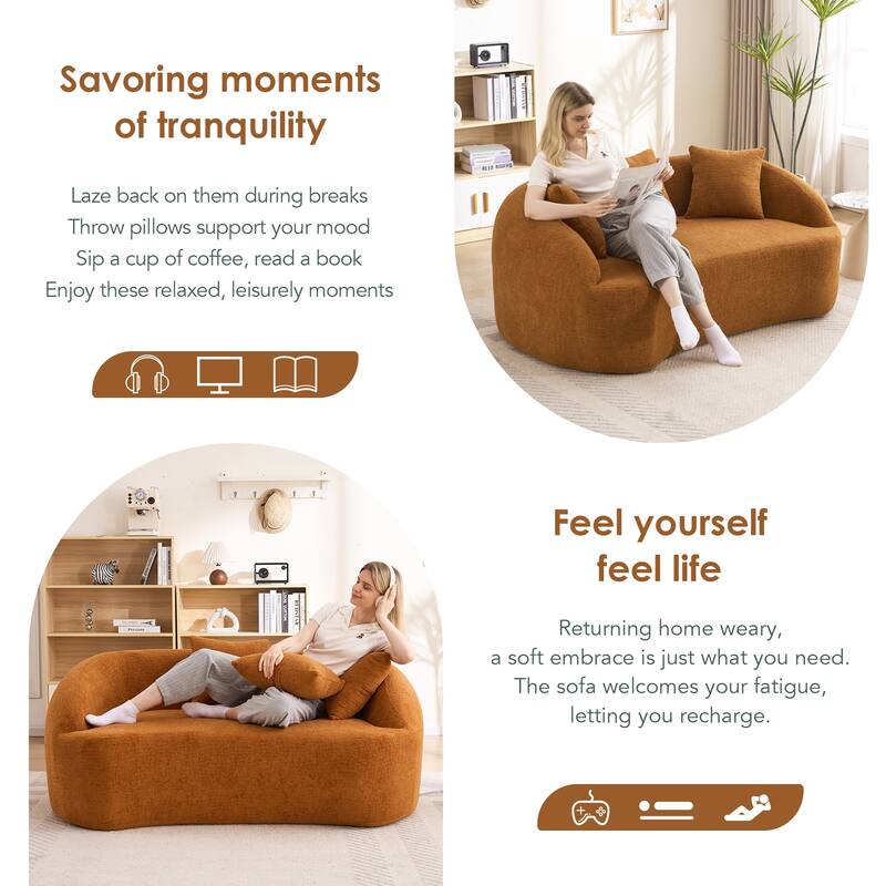 Orange Loveseat Sofa Couch Sleeper Sofa Couch with 3 Pillows, Luxurious Upholstered 2-Seater Sofa Couch