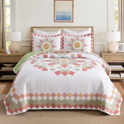 3 Pcs Cotton Vibrant Floral Patchwork Quilt Bedspread Set