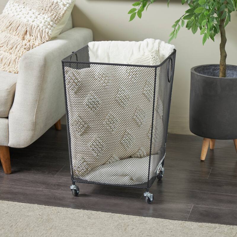 Black or Gold Metal Square Mesh Wire Rolling Laundry Storage Cart with Ring Handles - Black