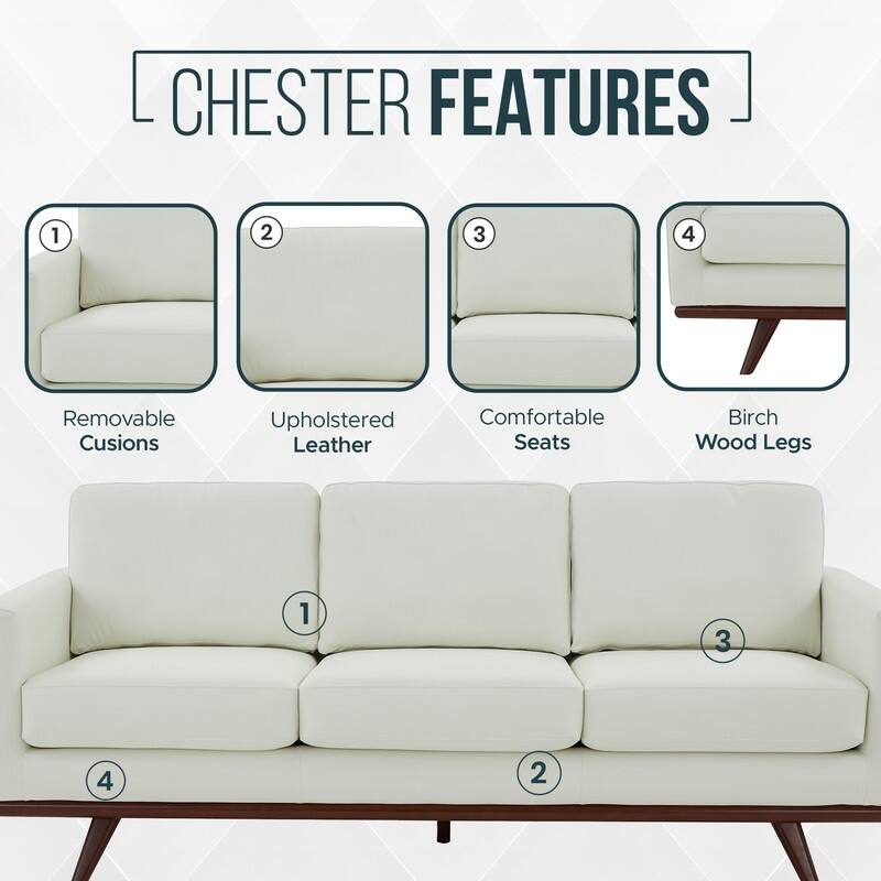 Chester 3 Seater Mid-Century Modern Leather or Mesh Sofa Couch With Birch Wood Frame Armchair for Living Room Bedroom and Office