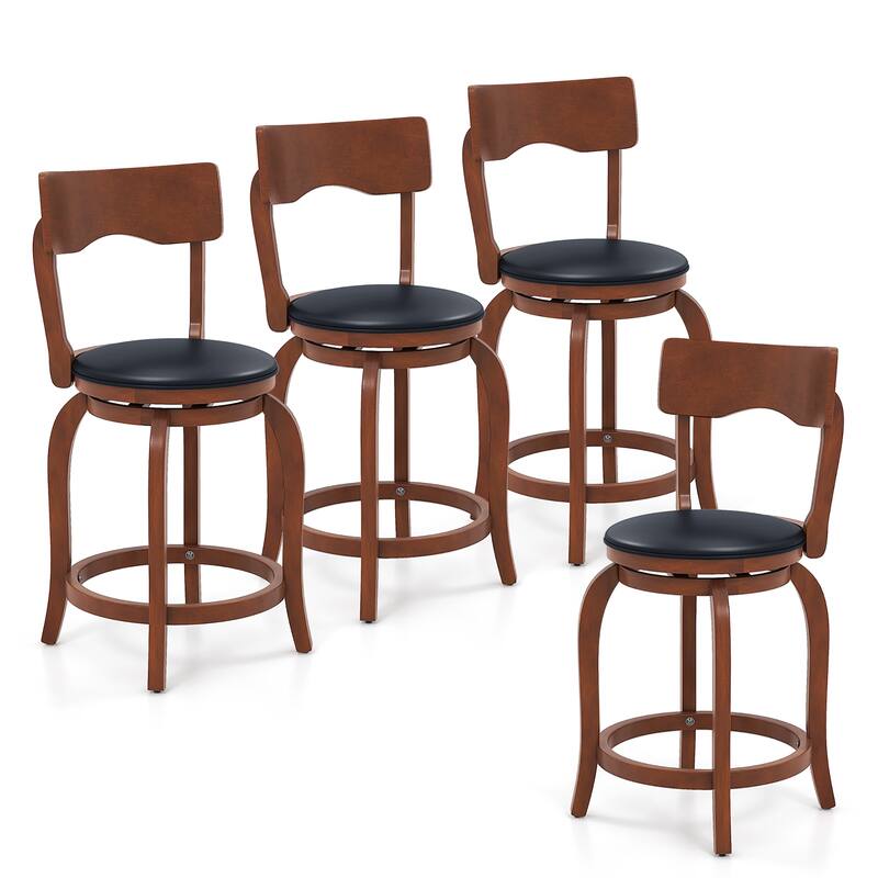 Gymax 24'' Swivel Bar Stools Set of 4 w/ Rubber Wood Frame Upholstered - Counter Height - Brown, Black - Set of 4