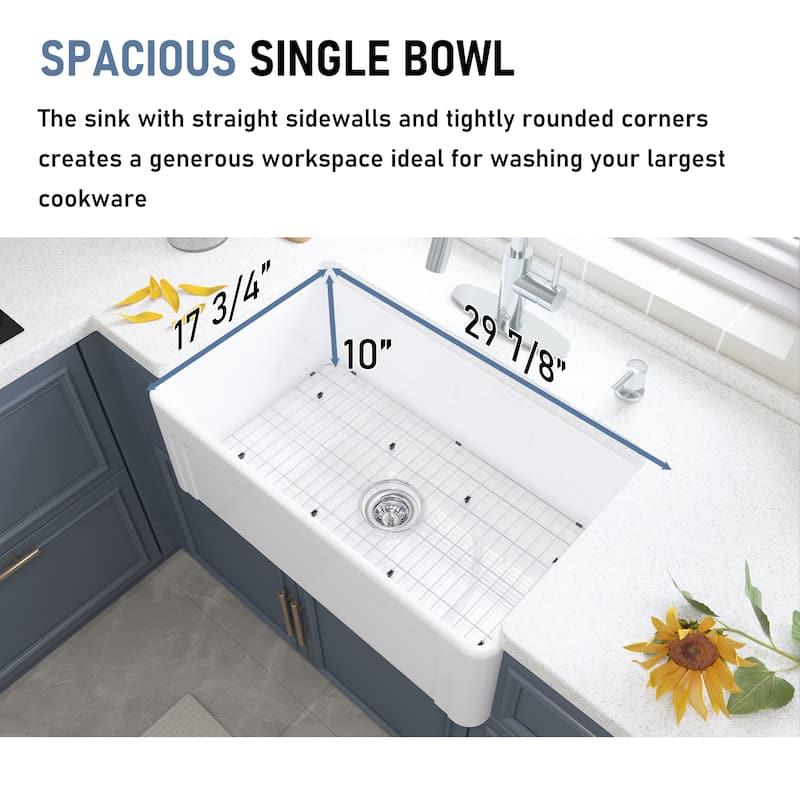 30 in. Farmhouse/Apron-Front Single Bowl Fireclay Kitchen Sink with Reversible Design, Bottom Grid & Strainer, cUPC Certified