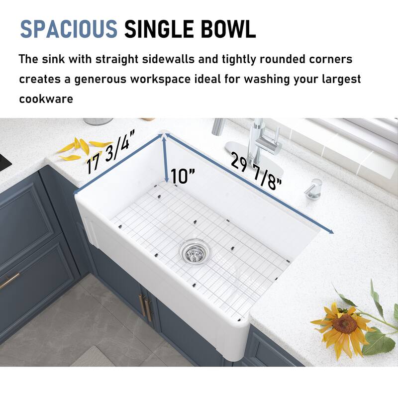 All-in-One Fireclay Farmhouse/Apron-Front Frame Design Reversible Installation Single Bowl Kitchen Sink with Kitchen Faucet Kit