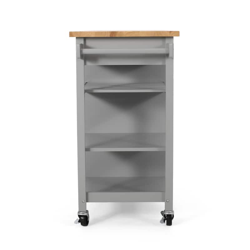 Contemporary Kitchen Cart with Rubberwood Top, Multi-Function Storage Drawer, Open Shelves, Rolling Casters with Locks