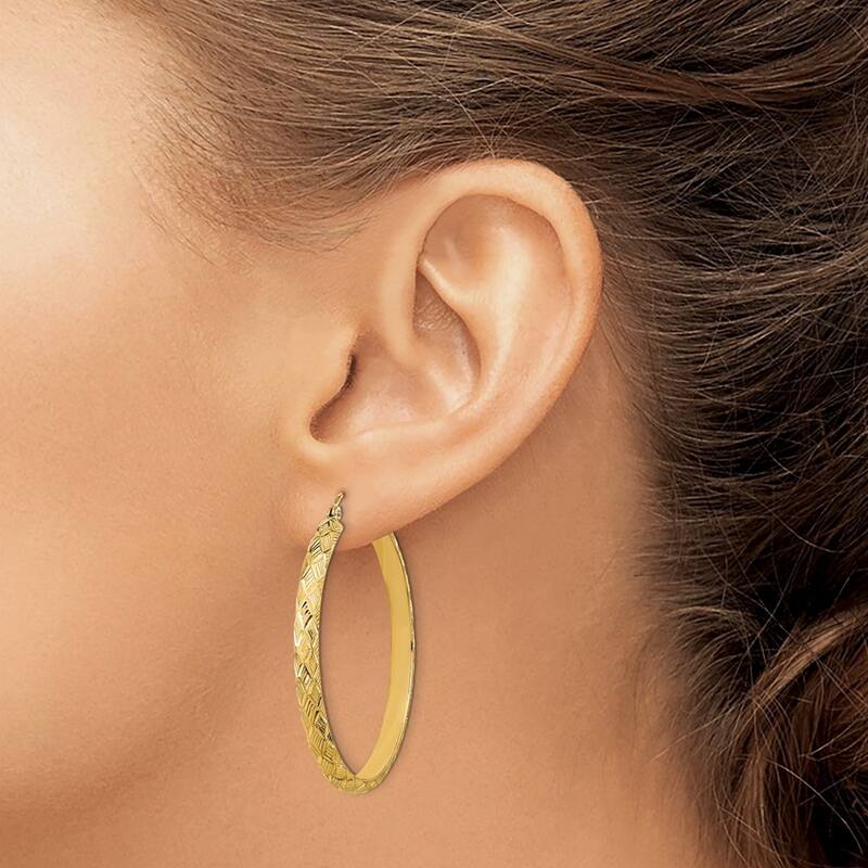 Curata 14k Yellow Gold Textured Patterned 42x3.5mm Hoop Earrings