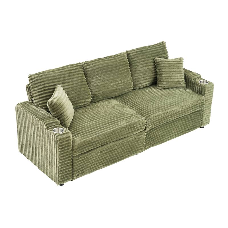 80-inch Green Corduroy Two-in-one Folding Sofa with Cup Holder and Pillow