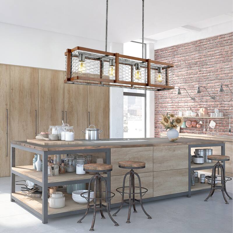 Gatsby 34.5" Linear 4-Light Adjustable Iron Rustic Industrial LED Pendant, Brown/Silver by JONATHAN Y