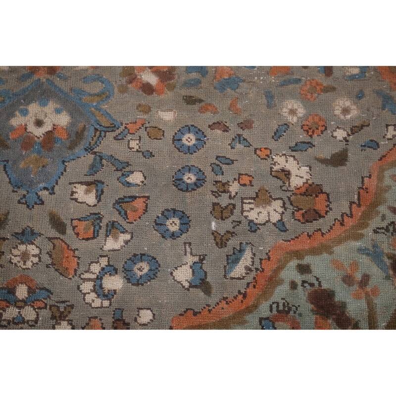 Distressed Tabriz Persian Vintage Area Rug Handmade Grey Wool Carpet - 6'8" x 9'8"