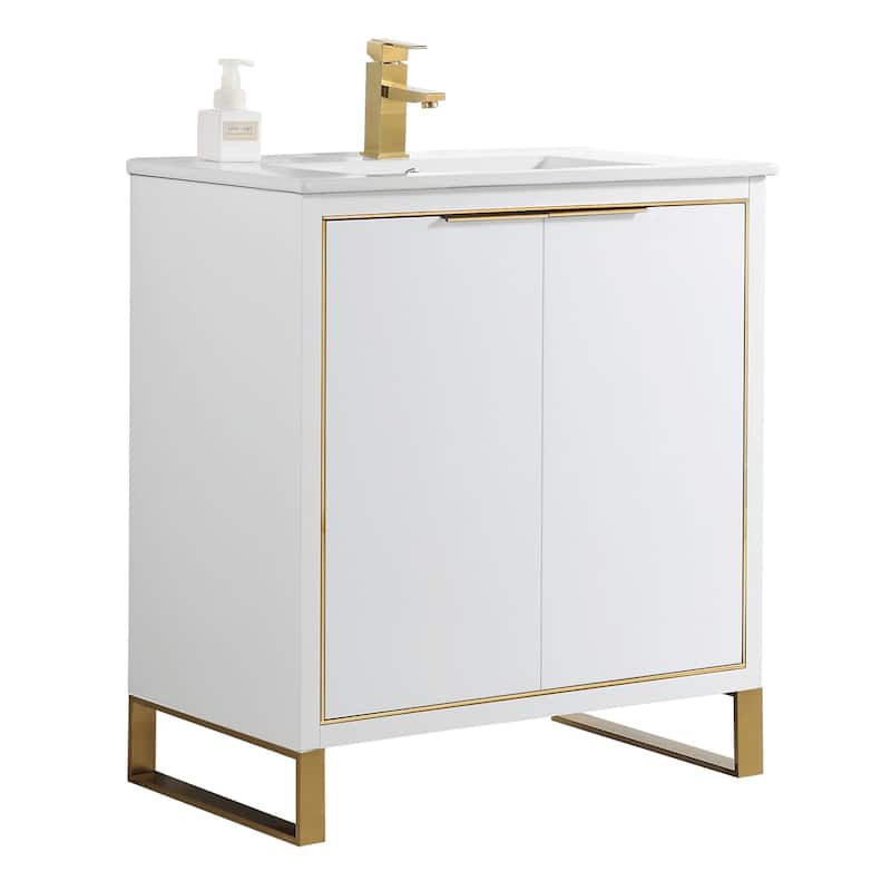Fine Fixtures Opulence Collection Bathroom Vanity with White Ceramic Sink - 30 Inch - White Matte - Satin Brass Hardware