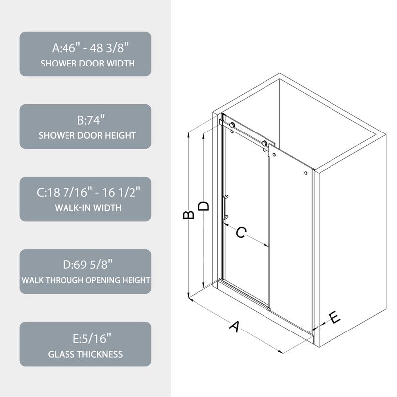 46"-48" x 74" Sliding Shower Door with 5/16" Tempered Glass
