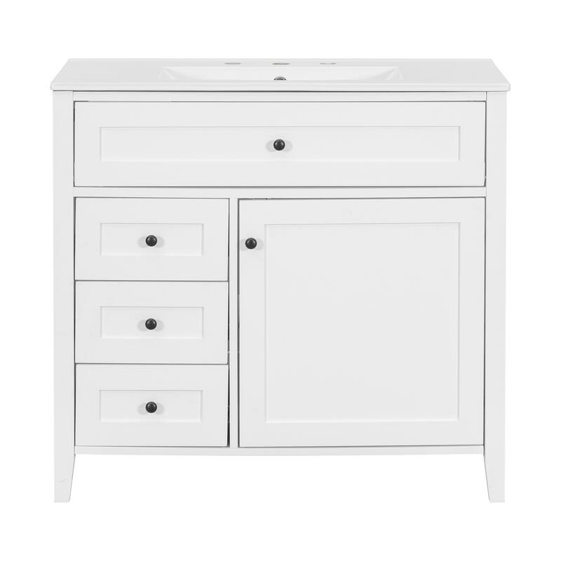 Roomfitters 36" Bathroom Vanity with Sink, Solid Wood Legs, 4 Drawers & Cabinet with Adjustable Shelf