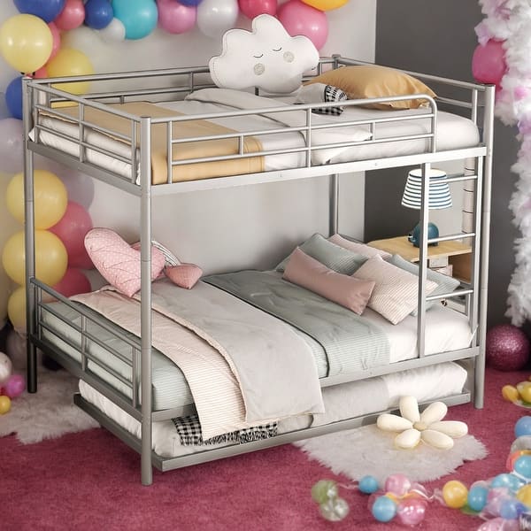 slide 2 of 16, Multifunctional Full over Full Metal Bunk Bed With Trundle,Save Space or Split Into 2 Beds Silver