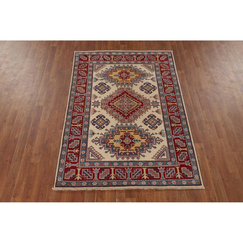 Beige / Ivory Kazak Accent Rug Hand-Knotted Wool Carpet - 4'1" x 5'10"