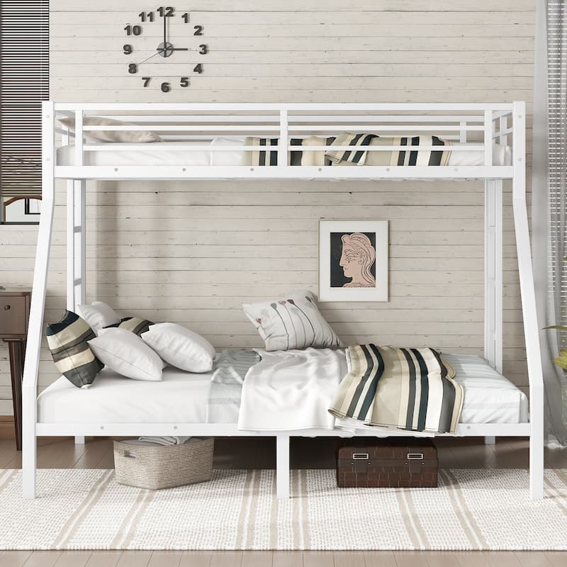 White Metal Bunk Bed: Twin XL over Queen for Teens & Adults – Space-Saving, Noise-Reduced, No Box Spring Needed, Sturdy Design
