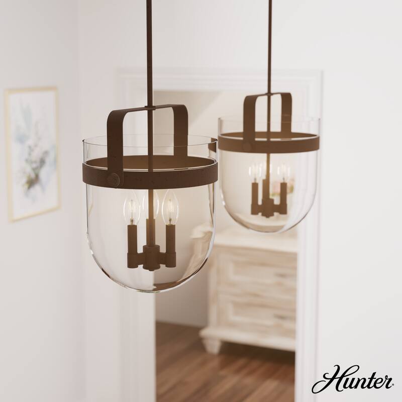 Hunter Karloff Clear Glass Bell-Shaped Pendant - Kitchen Island, Dining Room, Entry - Modern Farmhouse, Rustic, Industrial - 14" 3 Light - Textured Rust