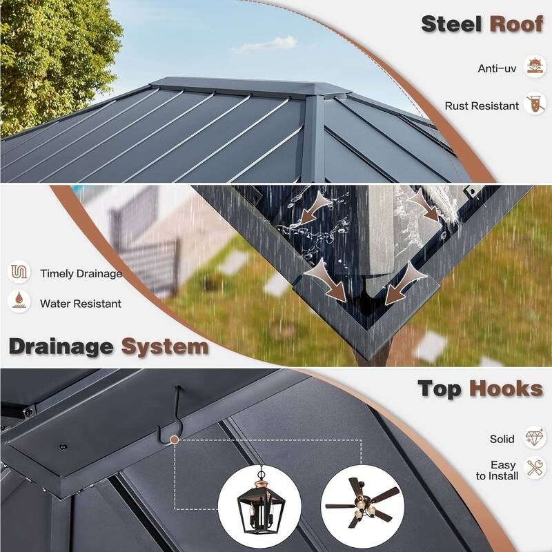 Erommy Pro Series Outdoor Galvanized Steel Roof Gazebo Pergola w/ Aluminum Frame & Vertical Rain Cutter