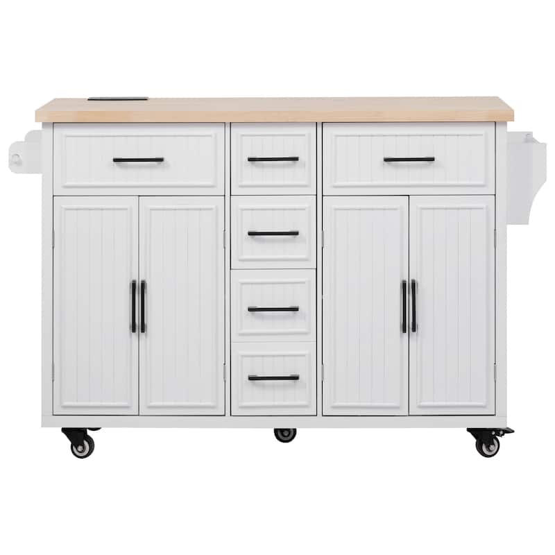 56.5" Kitchen Island with Drop Leaf, Power Outlet, Embossed Vertical Stripe Rolling Kitchen Cart on Wheels with 5 Drawers