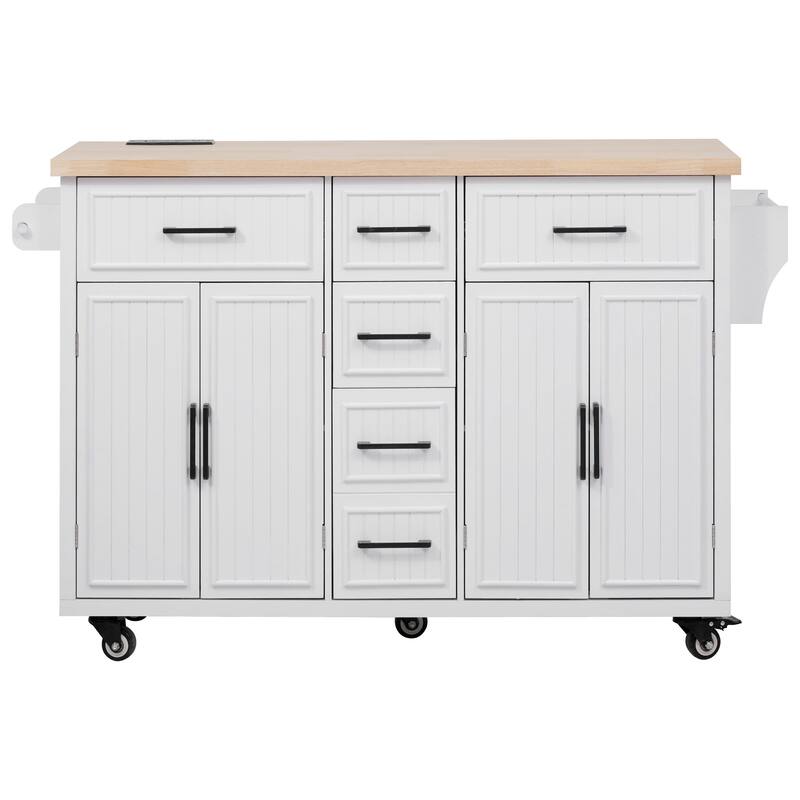 Kitchen Island, Embossed Vertical Stripe Rolling Storage Cabinet with Drop Leaf, Power Outlet, Drawers and Adjustable Shelves