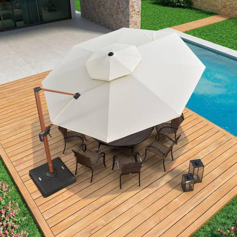 PURPLE LEAF 13ft Round Wood Pattern Patio Cantilever Umbrella with Base - Cream