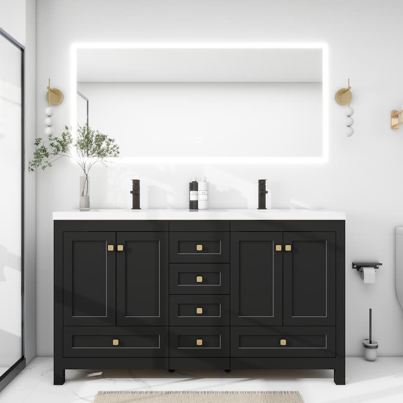 60" Bathroom Vanity Cabinet with Resin Drop in Sink Top Matte Black Faucet - Black