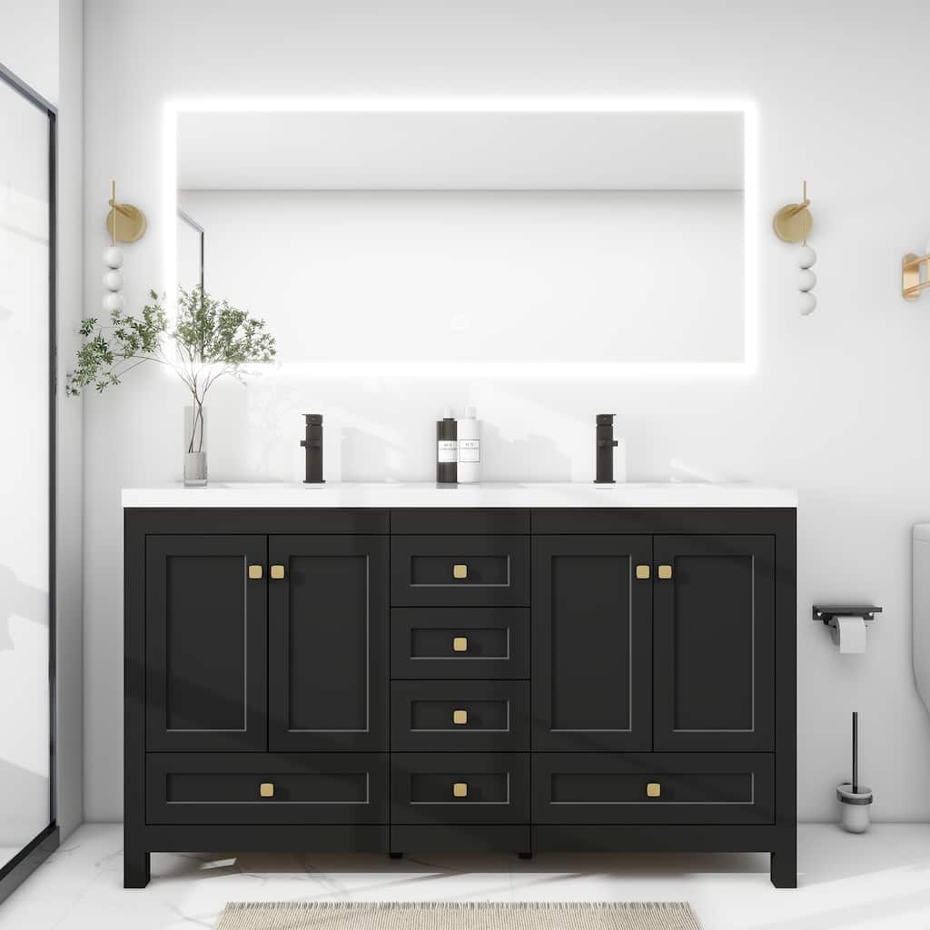 60" Bathroom Vanity Cabinet with Resin Drop in Sink Top Matte Black Faucet