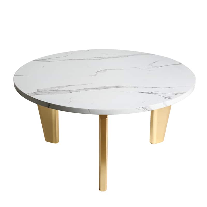 Modern Glam Round Coffee Table Golden Legs with White Faux Marble Veneer - 35.4" W x 17.7" H