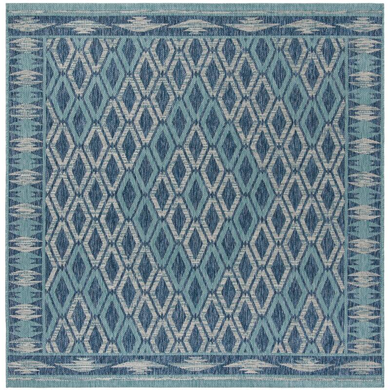 SAFAVIEH Courtyard Hannchen Indoor/ Outdoor Waterproof Patio Backyard Rug - 5'3" Square - Navy/Aqua
