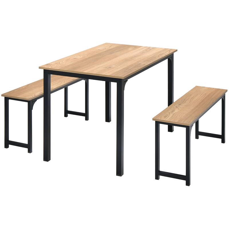 Gymax Modern 3 PCS Dining Table Bench Set w/ Metal Frame & Wooden