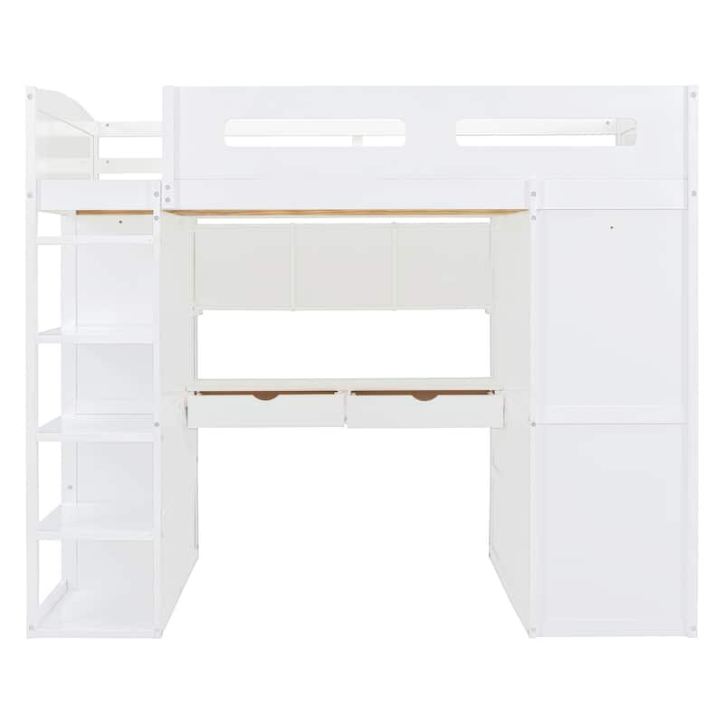 Full Size Solid Wood Loft Bed with Desk, Wardrobes & Drawers