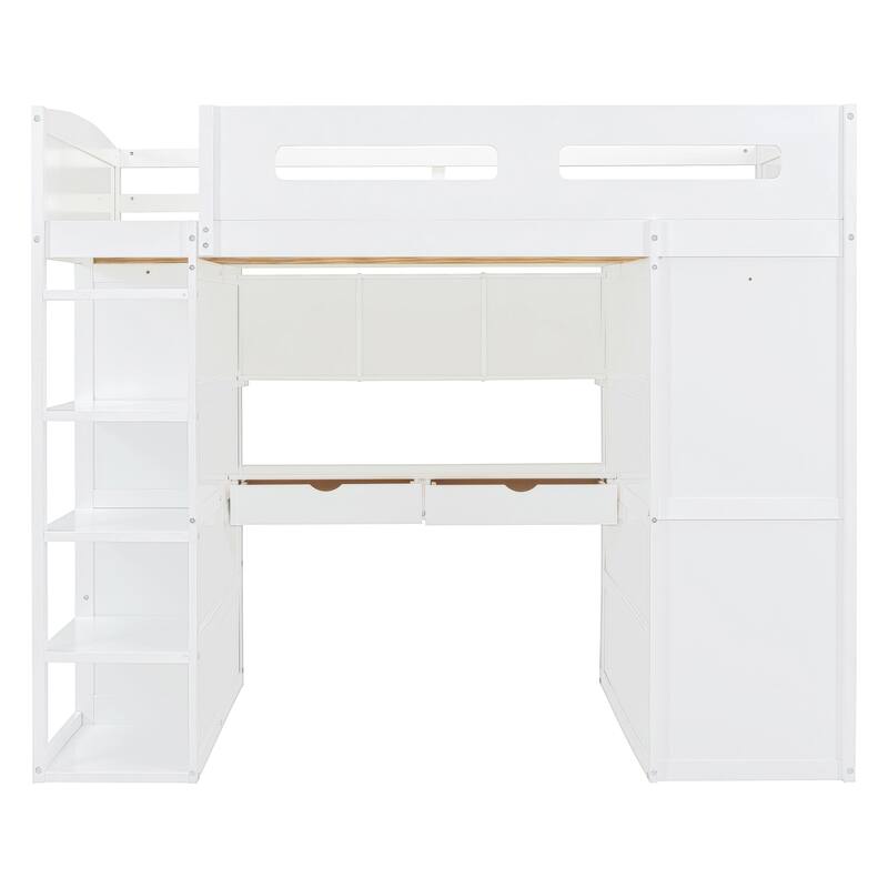 Twin/Full Size Loft Bed with Bulit-in Wardrobes, Desk and 4 Drawers, Solid Wood Loft Bedframe with 4-Tier Storage Shelves