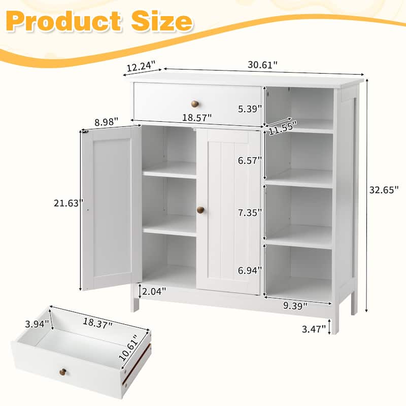 Freestanding White MDF Bathroom Storage Cabinet with Drawer and 2 Adjustable Shelves for Small Essential
