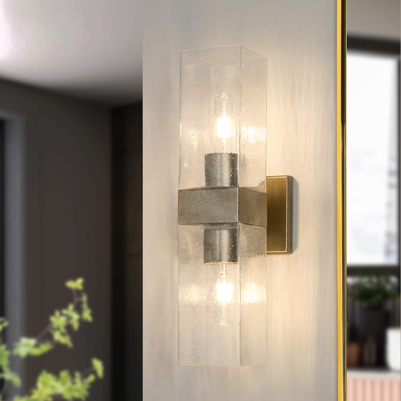 Modern Silver 2-Light Rectangular Reversible Sconce Seeded Glass Corner Light - L 18" x W 3.9"