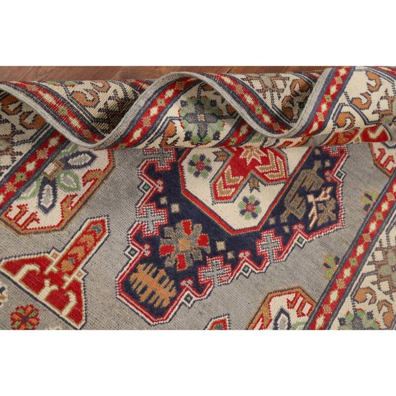 Traditional Grey Kazak Foyer Rug Hand-Knotted Wool Carpet - 3'2" x 4'11"