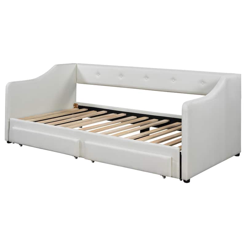 Twin XL to King Upholstered Daybed with Two Drawers and Pop-up Trundle, Expandable for Guests Room, No Box Spring Needed