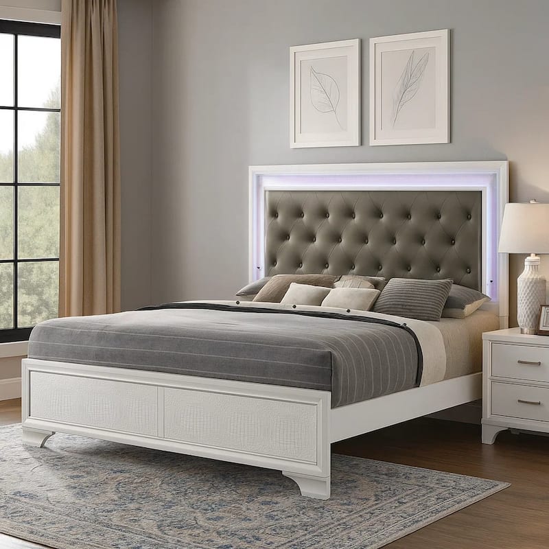 Lise King Size Bed, Gray Fabric Upholstery, LED Lit, Modern White Wood