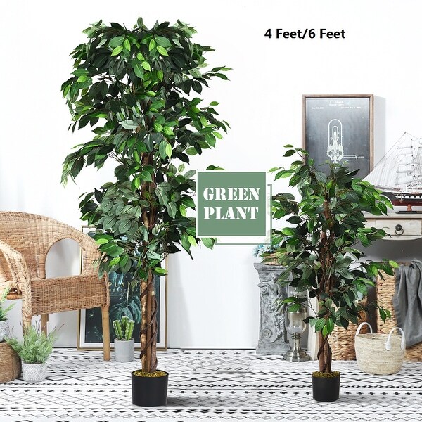 Costway 4 Feet/6 Feet Artificial Ficus Silk Tree Wood Trunks Green In/Outdoor Home Decor