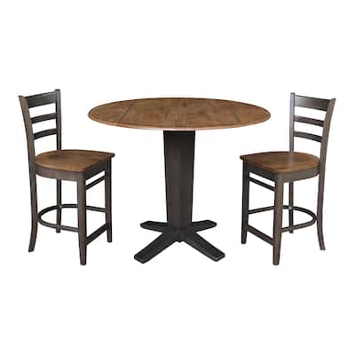42 in Solid Wood Round Drop Leaf Counter Height Dining Table with Stools in Hickory/Washed Coal