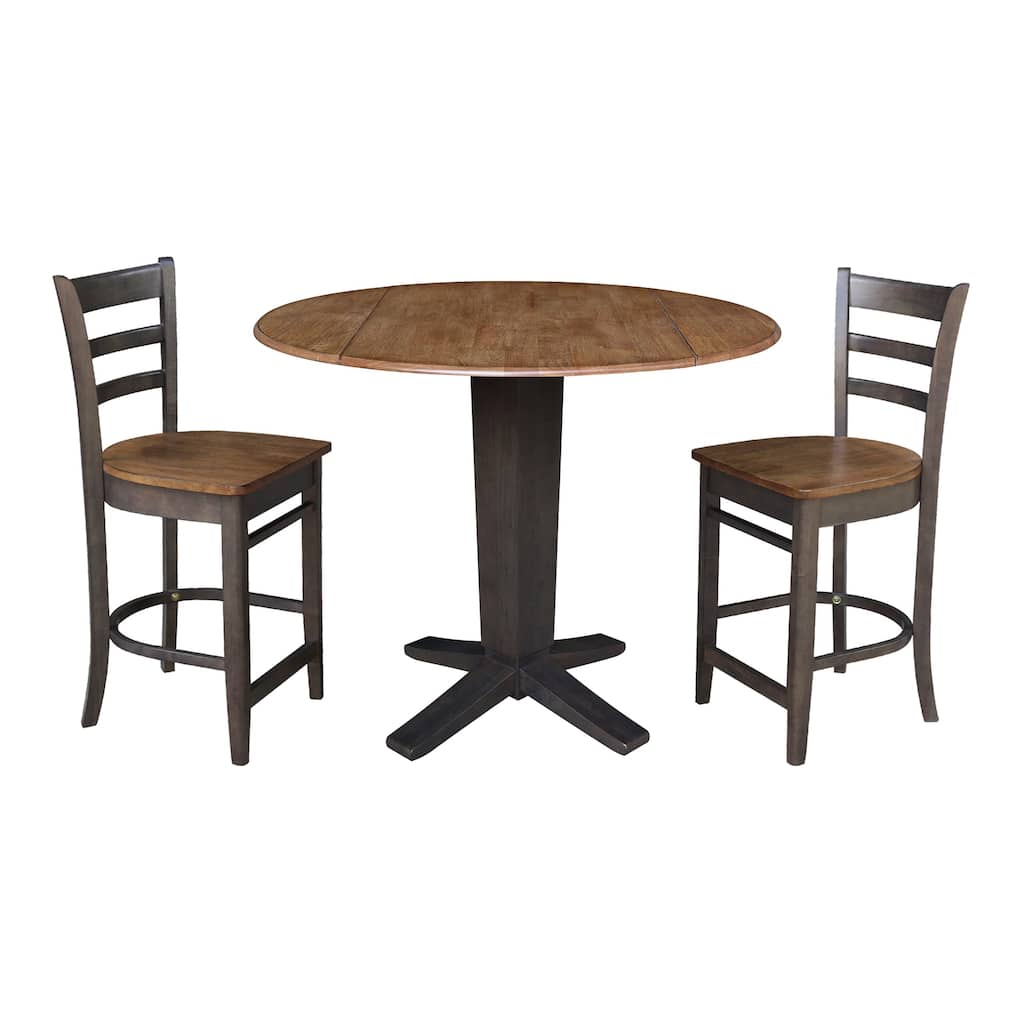 42 in Solid Wood Round Drop Leaf Counter Height Dining Table with Stools in Hickory/Washed Coal