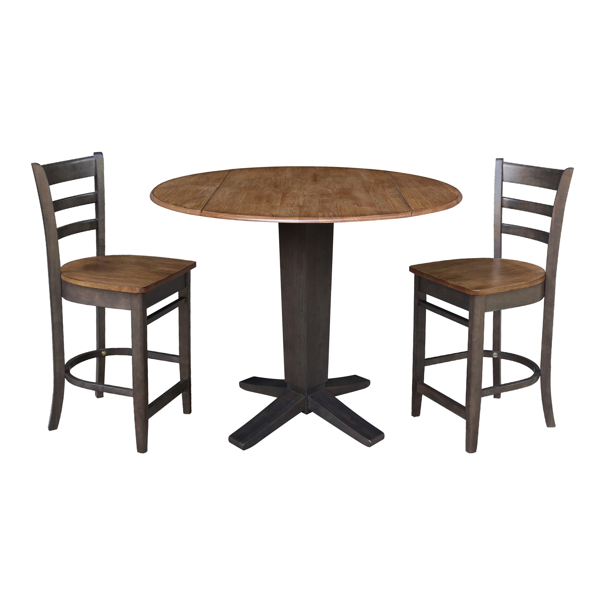 42 in Solid Wood Round Drop Leaf Counter Height Dining Table with Stools in Hickory/Washed Coal