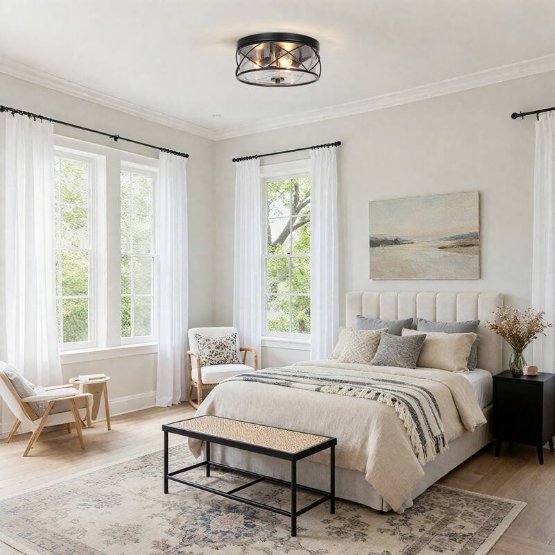 Raretta Modern Farmhouse Black 3-Light Drum Flush Mount Glass Ceiling Light - D13" x H6"