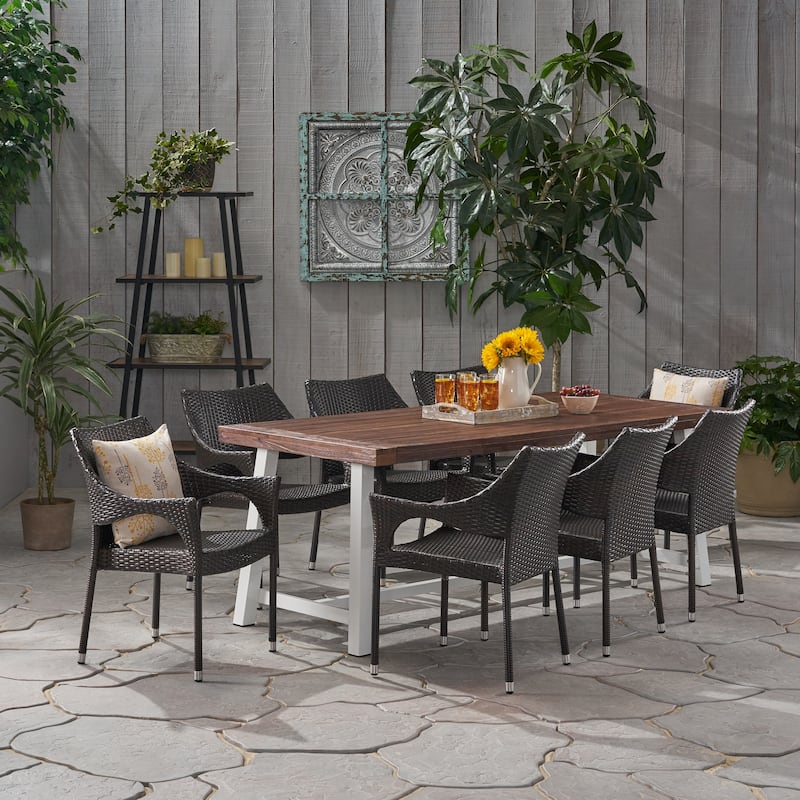 Espanola Outdoor 8 Seater Wood and Wicker Dining Set by Christopher Knight Home