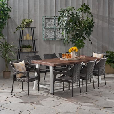 Espanola Outdoor 8 Seater Wood and Wicker Dining Set by Christopher Knight Home