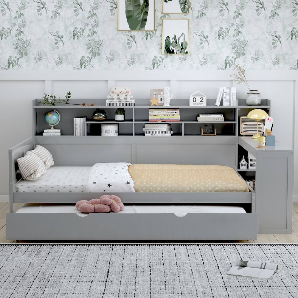 Wooden Twin/Full Size Daybed with Trundle Bed, Multi-functional Corner Platform Sofa Bed Frame with Storage Headboard and Desk