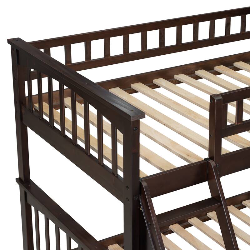 Wooden Storage Bunk Bed Frame with Fence-shaped Guardrails and Pull-out Drawers, Convertible 2 Platform Beds, Detachable Design
