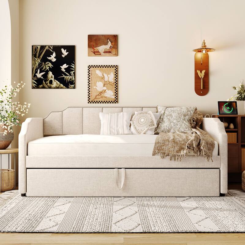 Twin Size Upholstered Daybed with Pop-Up Trundle & USB Charging Ports